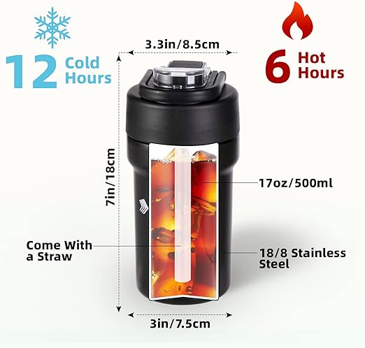 500ml Simple Coffee Cup 304 Stainless Steel Vacuum Thermos Portable Straw