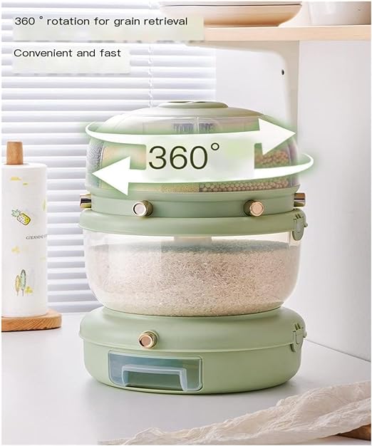 6-Grid Round Food Dispenser 360° Rotating Food Bucket Transparent Rice Storage Container