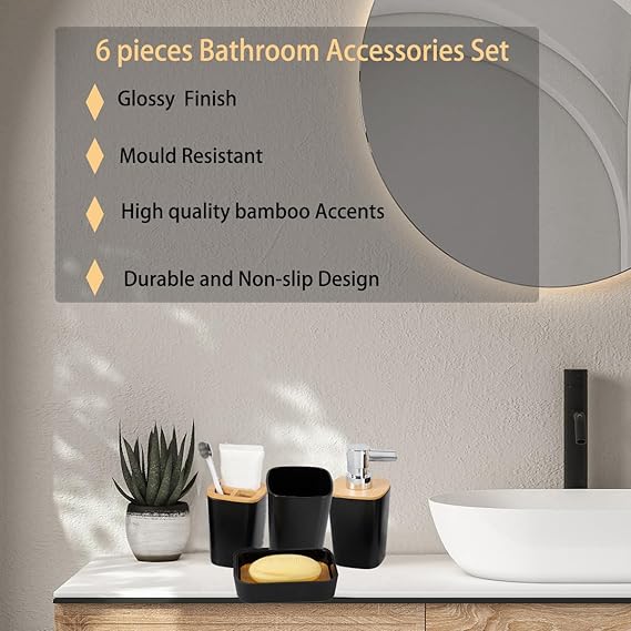 6 pcs washroom set with wooden lid plastic