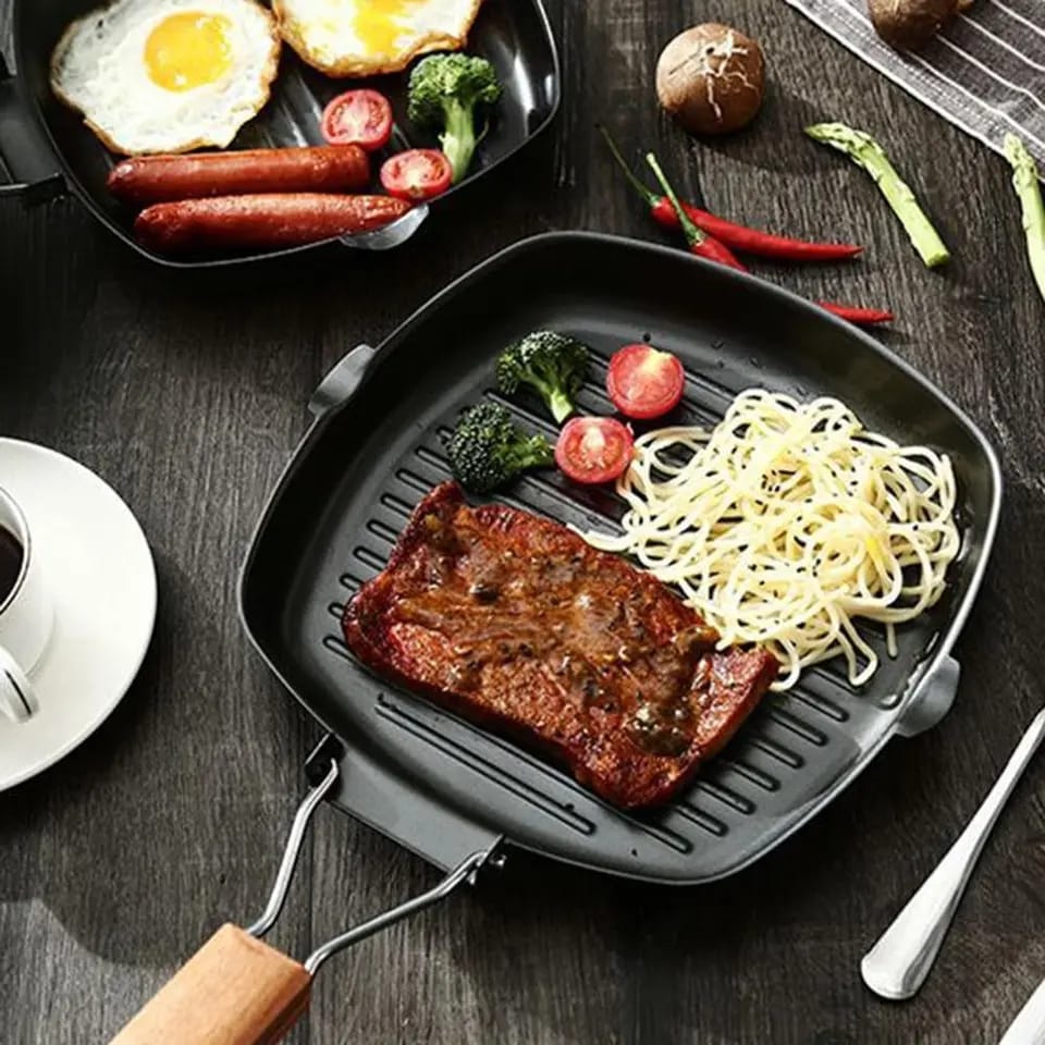 Nonstick Grill Pan with Folding Handle Striped Steak Frying Pan Square