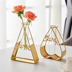 Glass Metal Frame Stand Flower Vase for Office Home Decoration