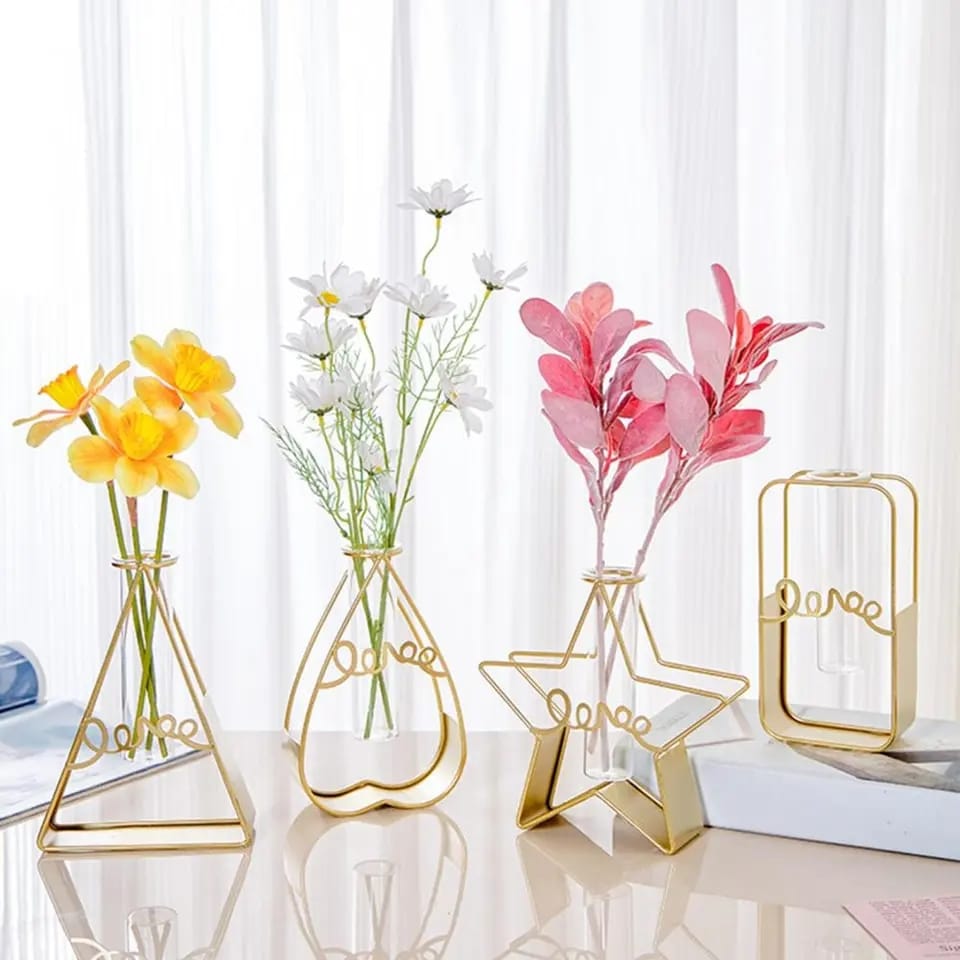Glass Metal Frame Stand Flower Vase for Office Home Decoration
