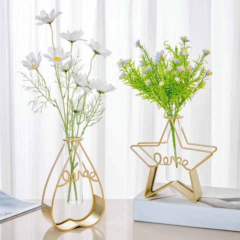 Glass Metal Frame Stand Flower Vase for Office Home Decoration