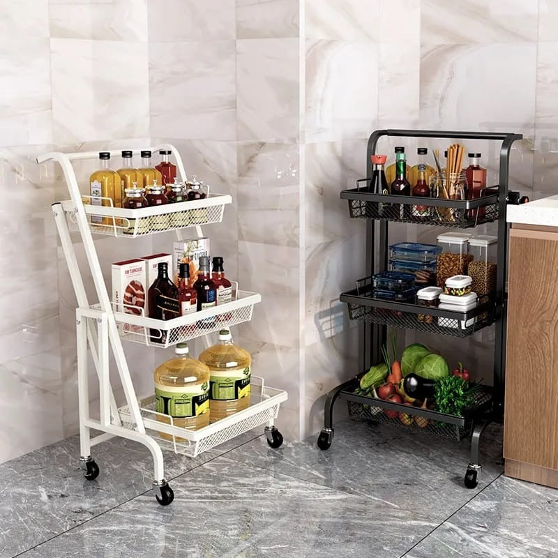 3 Tier Steel Black Adjustable Kitchen Cart Multi-Functional Shelves Portable Storage Organizer