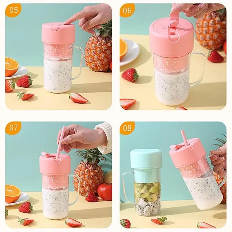 Portable rechargeable juice blender with straw.