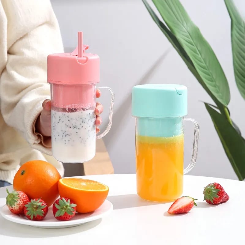 Portable rechargeable juice blender with straw.