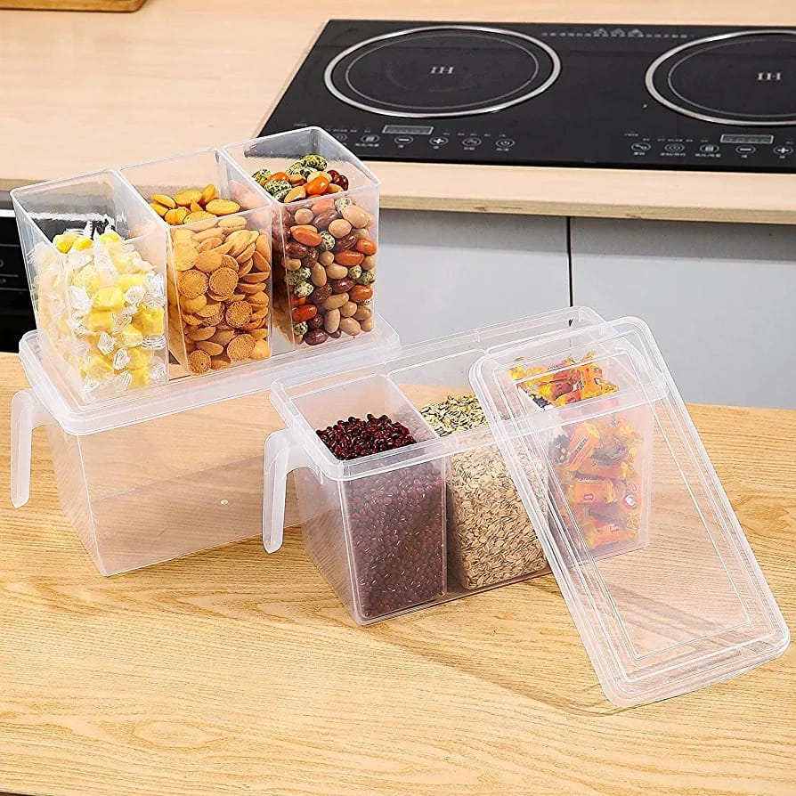 Refrigerator Kitchen Food Storage Organizer Boxes with Lids & 3 Removable Bins