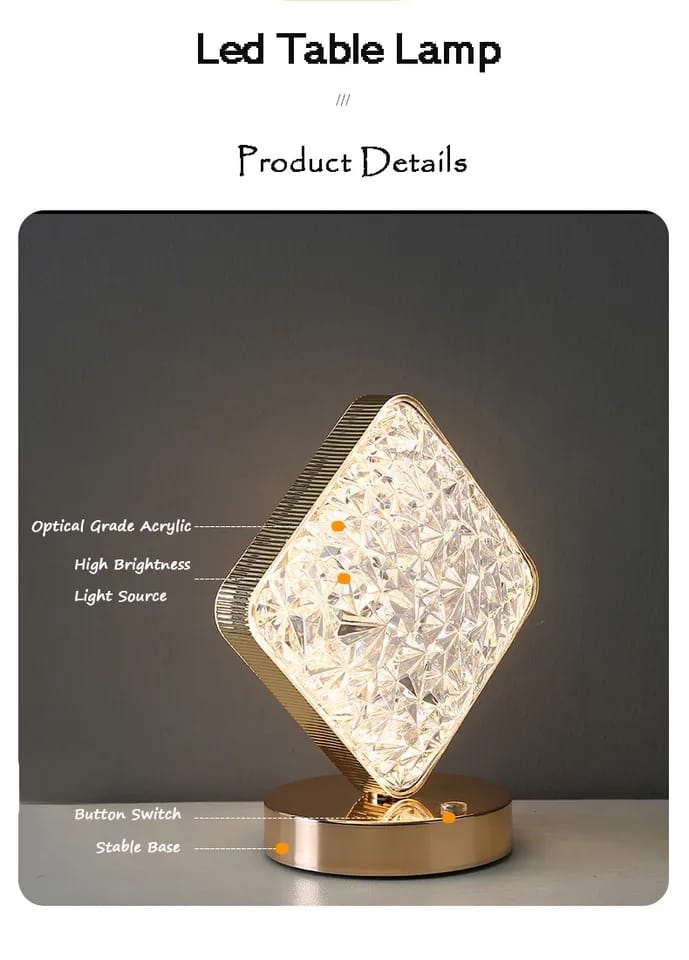 Crystal square Table Lamp, Touch Control Bedside Lamp with 3 Levels Brightness