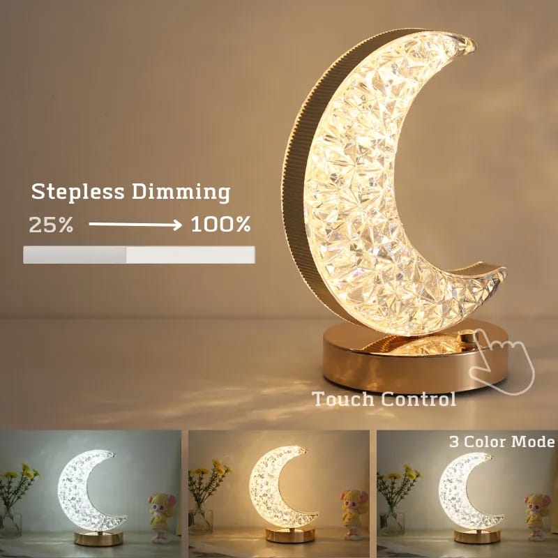 Crystal Moon Table Lamp, Touch Control Bedside Lamp with 3 Levels Brightness