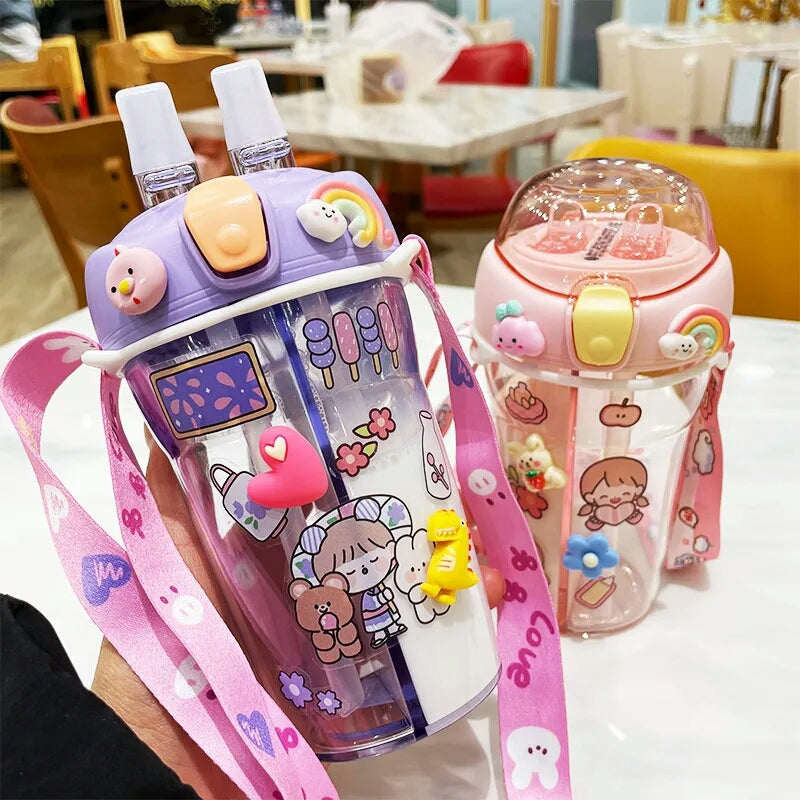 430ml Cute Children Double Drinking Water Bottle Straw Portable