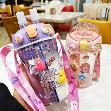 430ml Cute Children Double Drinking Water Bottle Straw Portable