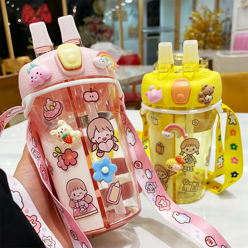 430ml Cute Children Double Drinking Water Bottle Straw Portable