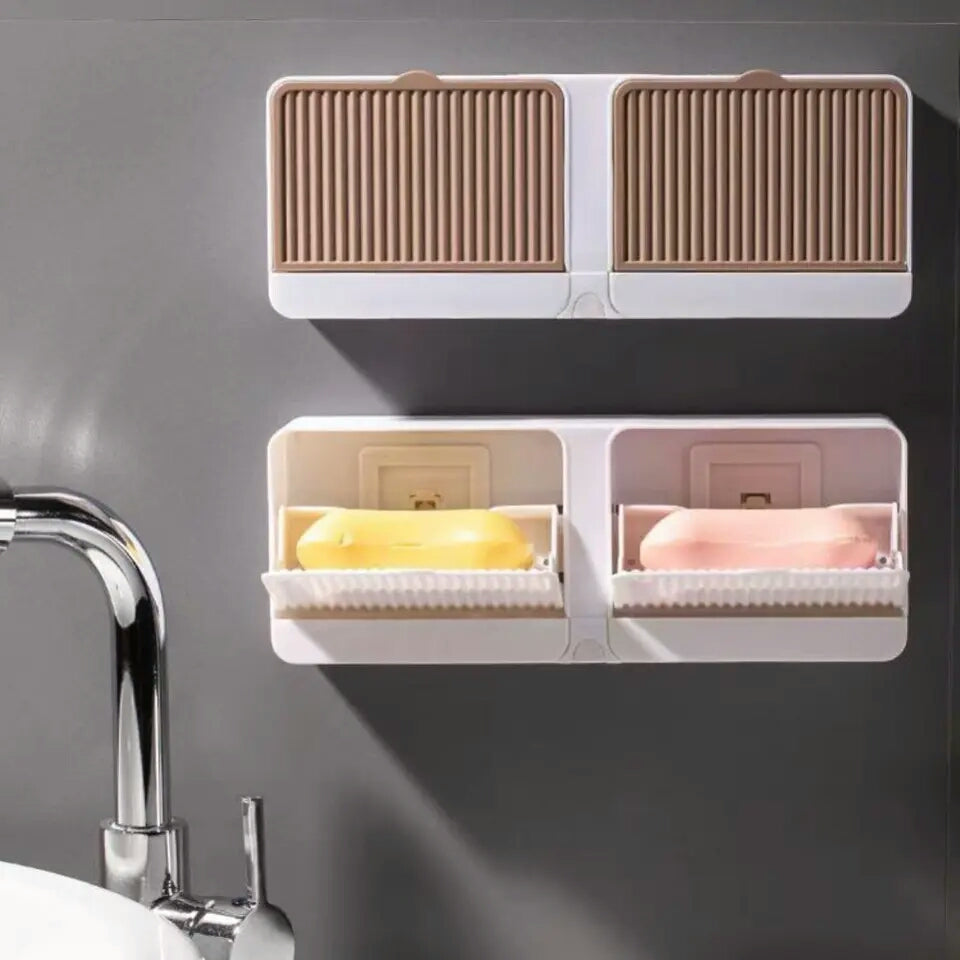 Creative Wall Mounted Soap Box With Lid Double Grids Soap Draining