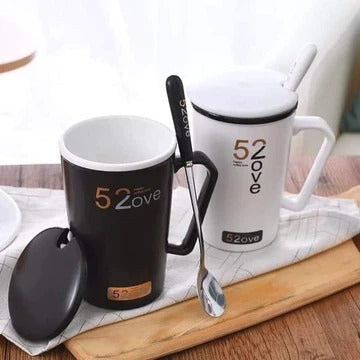 Lovely Couple Mug, Black White Stamping Mug with Lid Spoon