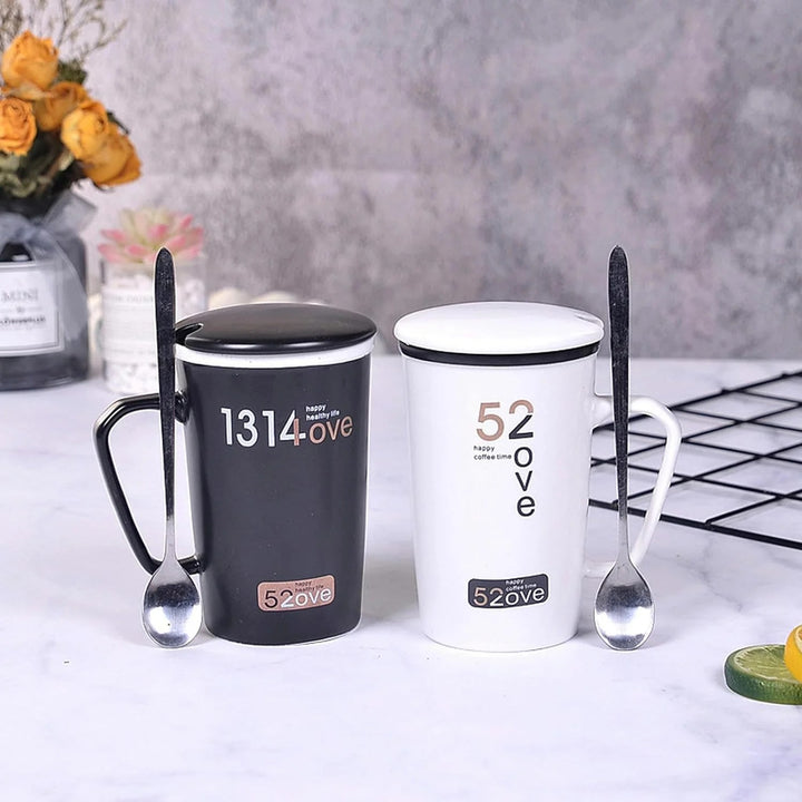 Lovely Couple Mug, Black White Stamping Mug with Lid Spoon