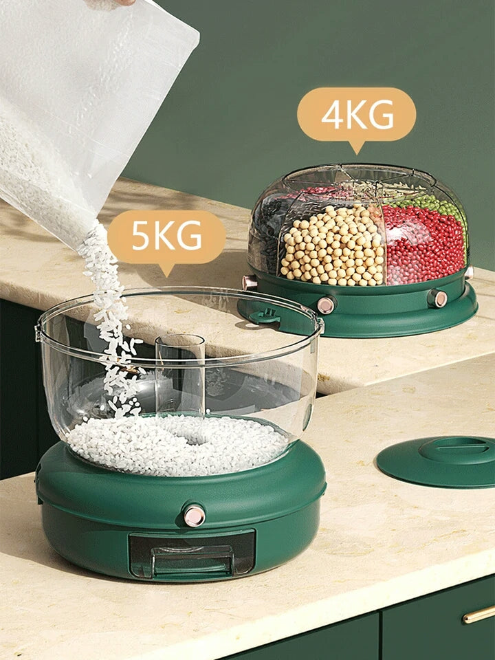 6-Grid Round Food Dispenser 360° Rotating Food Bucket Transparent Rice Storage Container