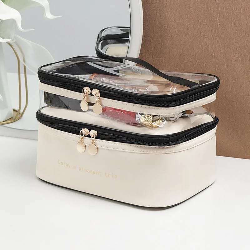 Transparent Portable Waterproof Double Layer Large Travel Makeup Bag Organizer