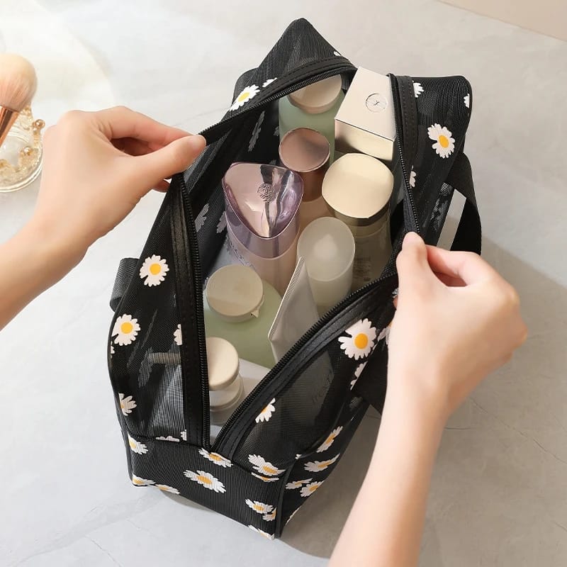 2 pcs Set Large capacity portable storage bag, daisy mesh gauze, transparent makeup bag