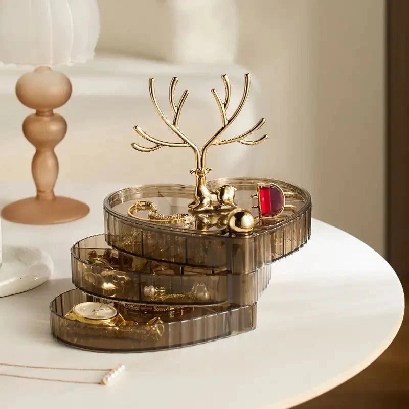 Little Deer Luxury Heart  Jewelry Organizer, 3 Layer Rotating Necklace Jewelry Box