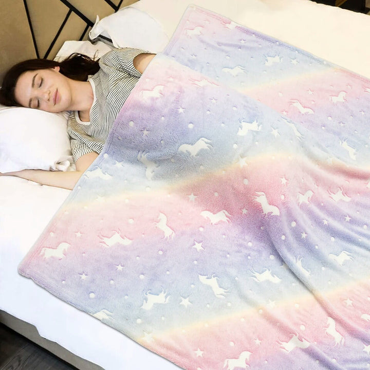 Luminous Unicorn Throw Blanket for Girls Plush Flannel Blanket
