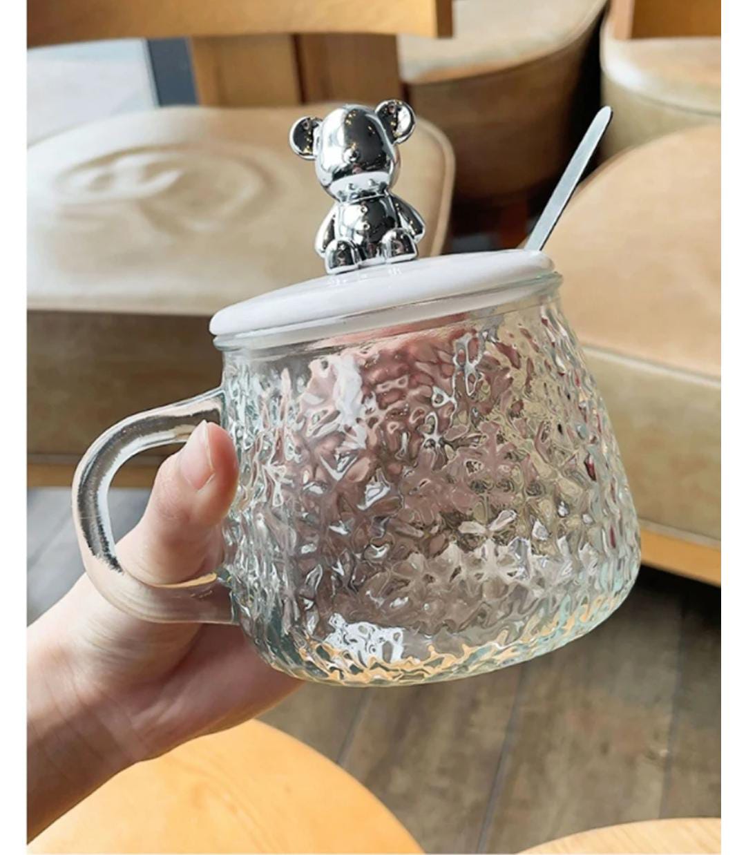 450Ml Cute Mug With Lid Spoon Heat-Resistant Glass Water Cup