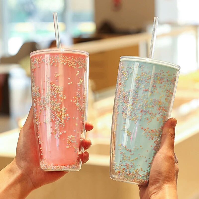 750ml BPA Free Plastic Cup with Lid and Straw Double Layer Water Bottle