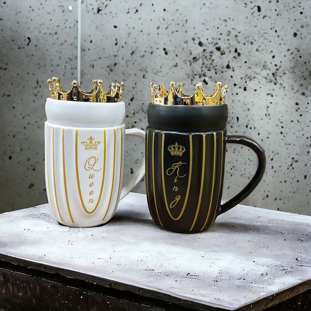 King Queen Ceramic mugs with Crown Lid