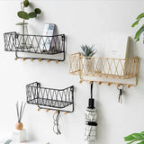 Wall Mounted Iron Storage Rack Shelf with Hooks