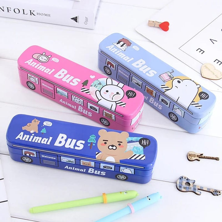 Cartoon Bus Pencil Box, Three Layer Metal Pencil Case School