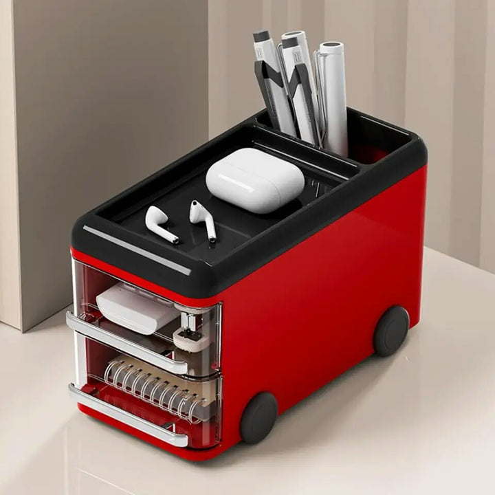 Transparent Ribbed Desktop Storage Box Pencil Container Cute Bus Shape Multifunctional
