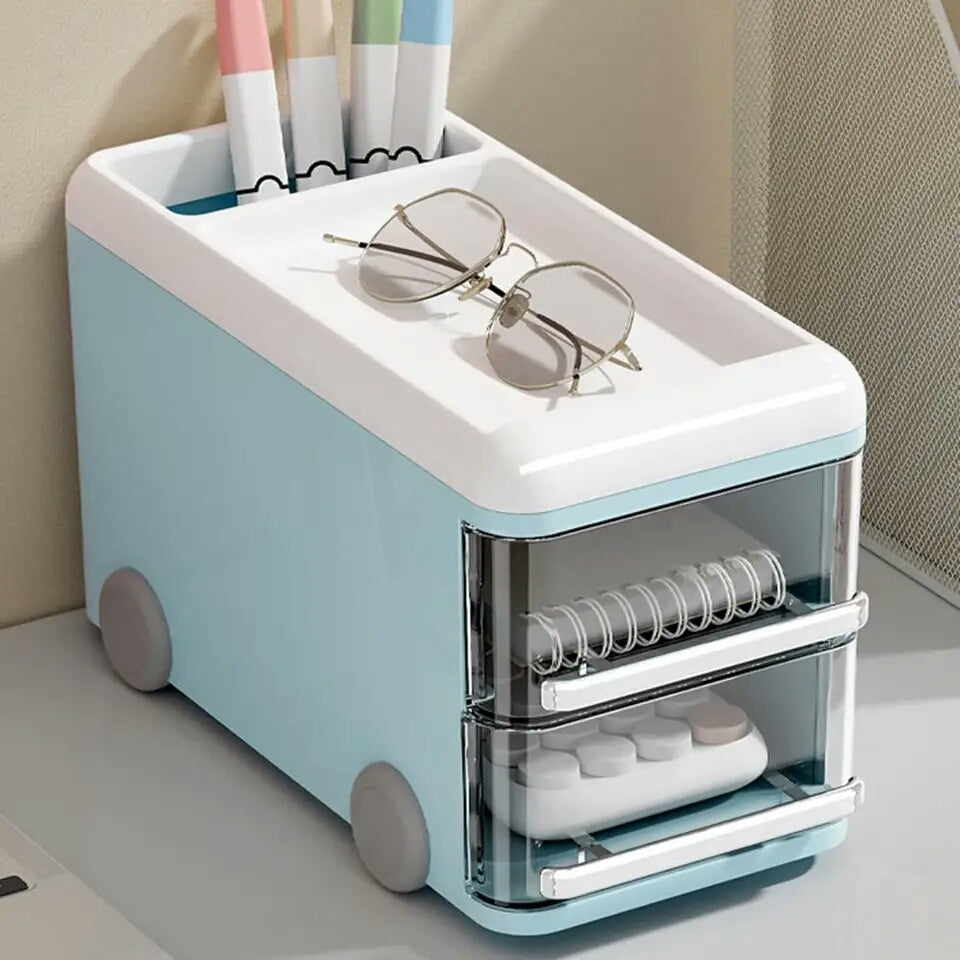Transparent Ribbed Desktop Storage Box Pencil Container Cute Bus Shape Multifunctional