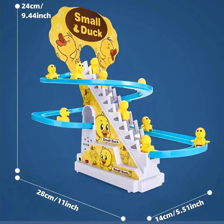 Funny Little Yellow Ducks Climbing Stairs And Sliding At Race Track For Kids Birthday Gifts