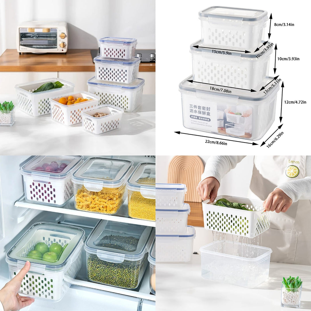 3pcs set  Double layer refrigerator storage box fruit and vegetables drain basket