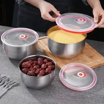Set Of 3 Steel Fresh Bowl, Mixing Crisper Food Container Bowls