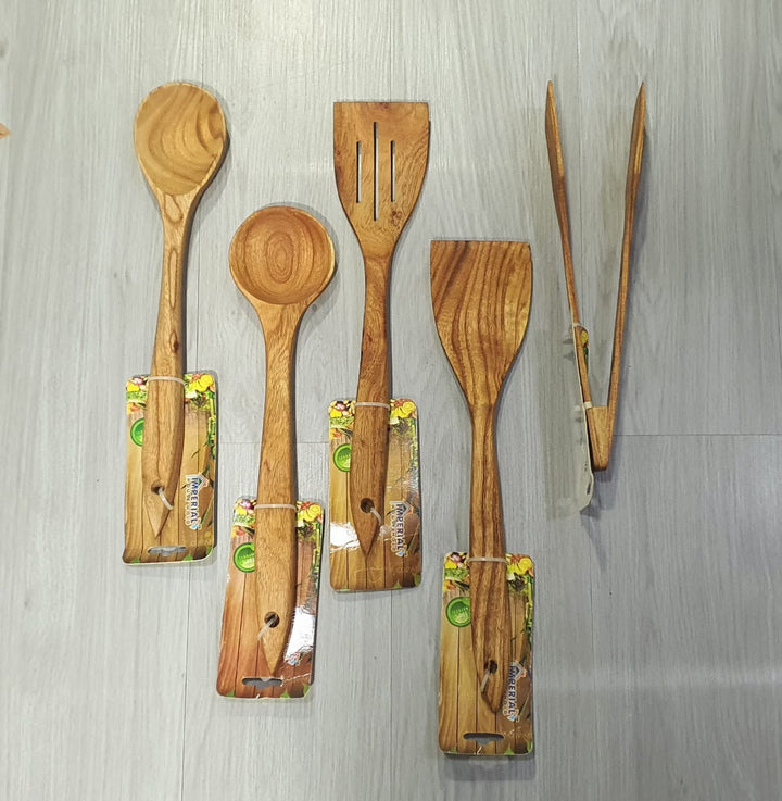 Set of 5 Pcs Wooden Bamboo Kitchen Cooking Spoons