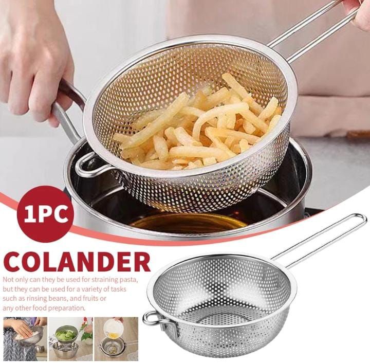 STAINLESS STEEL HIGH QUALITY MESH COLANDER FRUIT AND VEGETABLE BASKET WITH LONG HANDLE