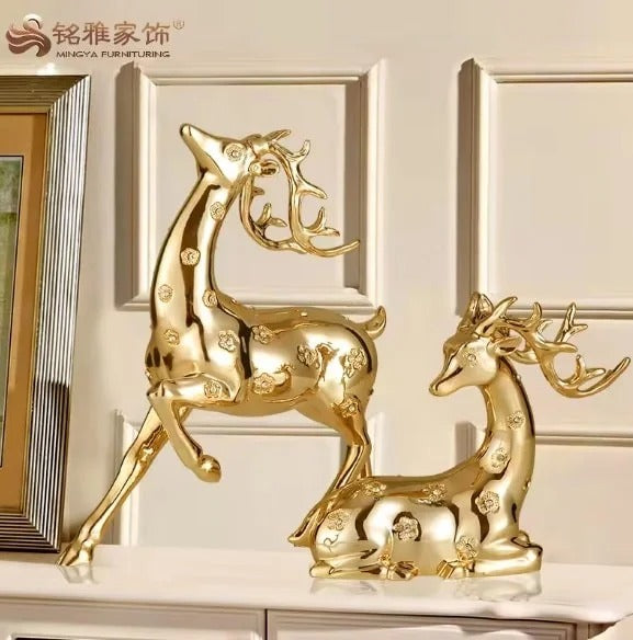 2 Pcs Deer Figurines for Decorations Standing and Sitting Reindeer Porcelain Sculpture Home Decor