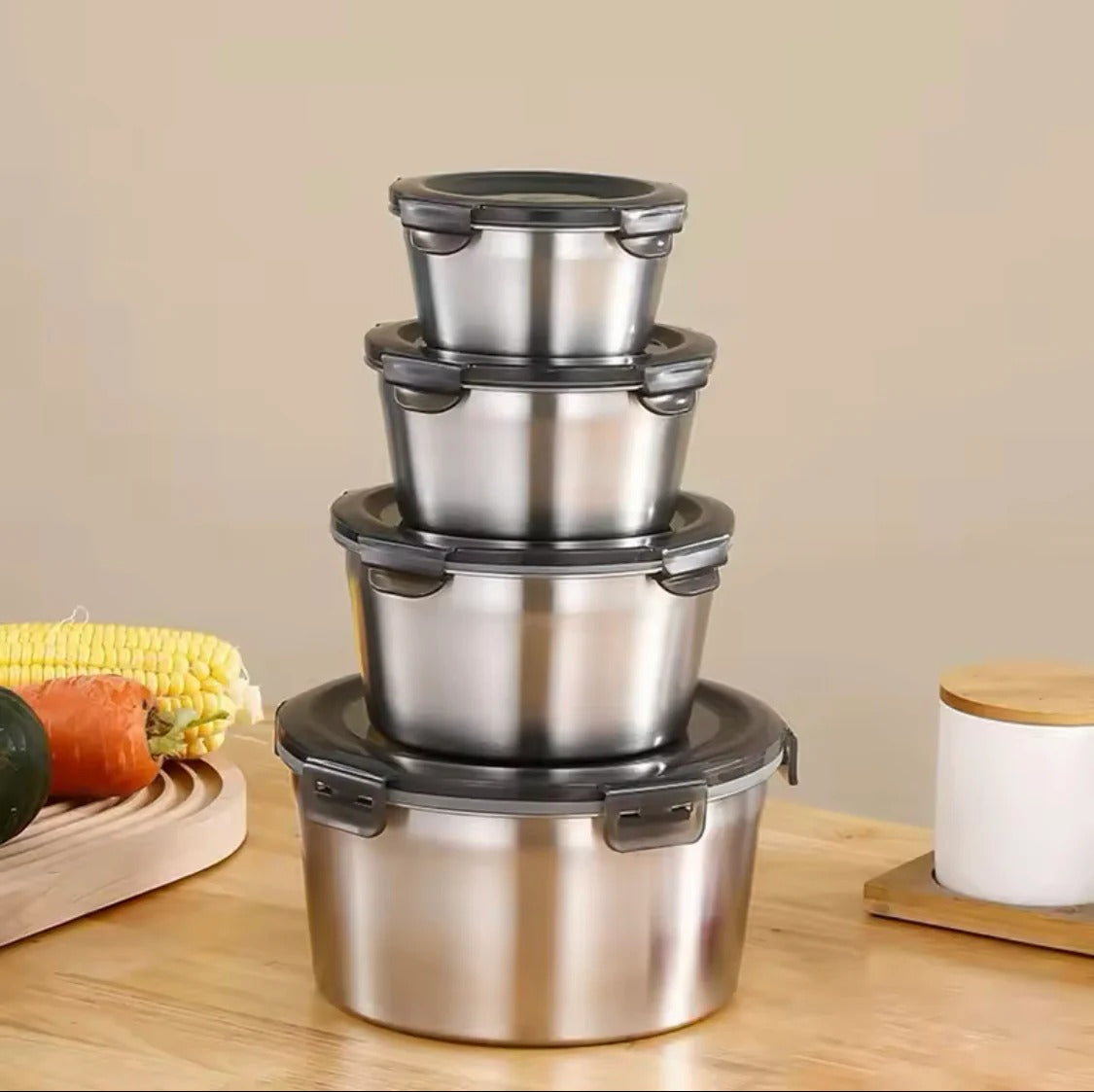 4pcs Stainless Steel Round Food Storage Containers