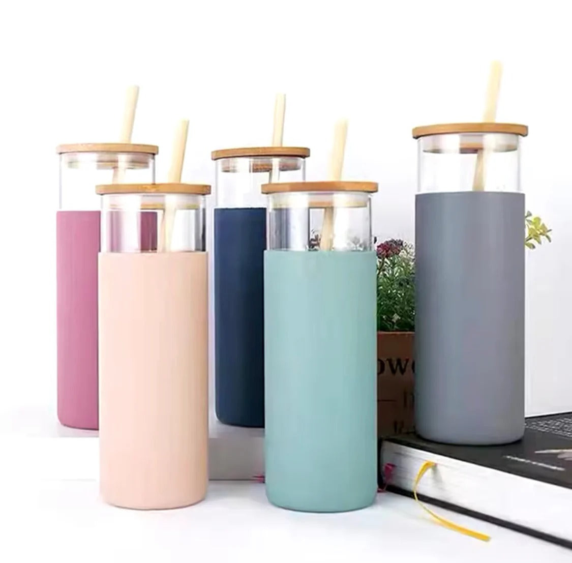 500ML Tumbler Glass Water Bottle, Silicone Bamboo Glass Cup with Straw