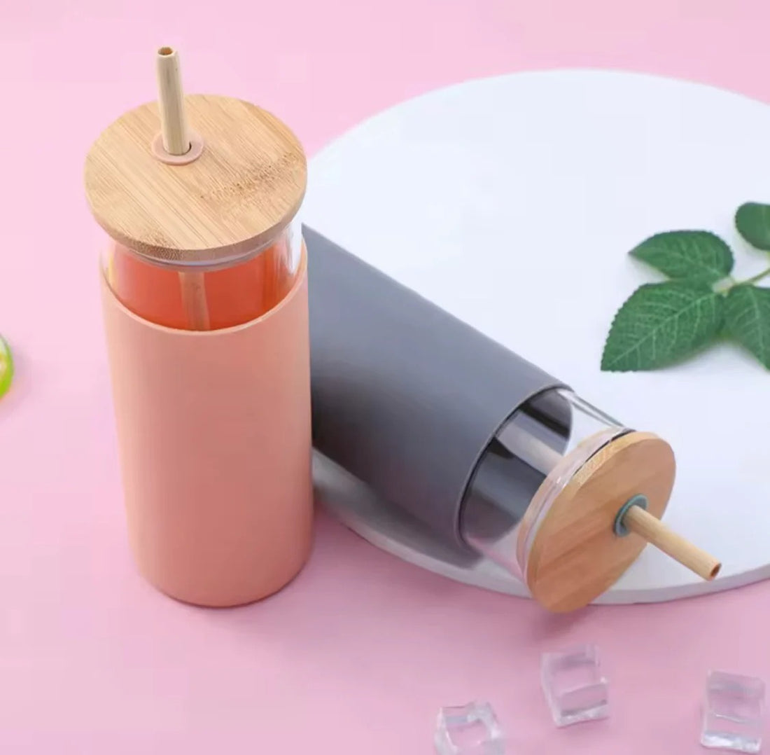 500ML Tumbler Glass Water Bottle, Silicone Bamboo Glass Cup with Straw
