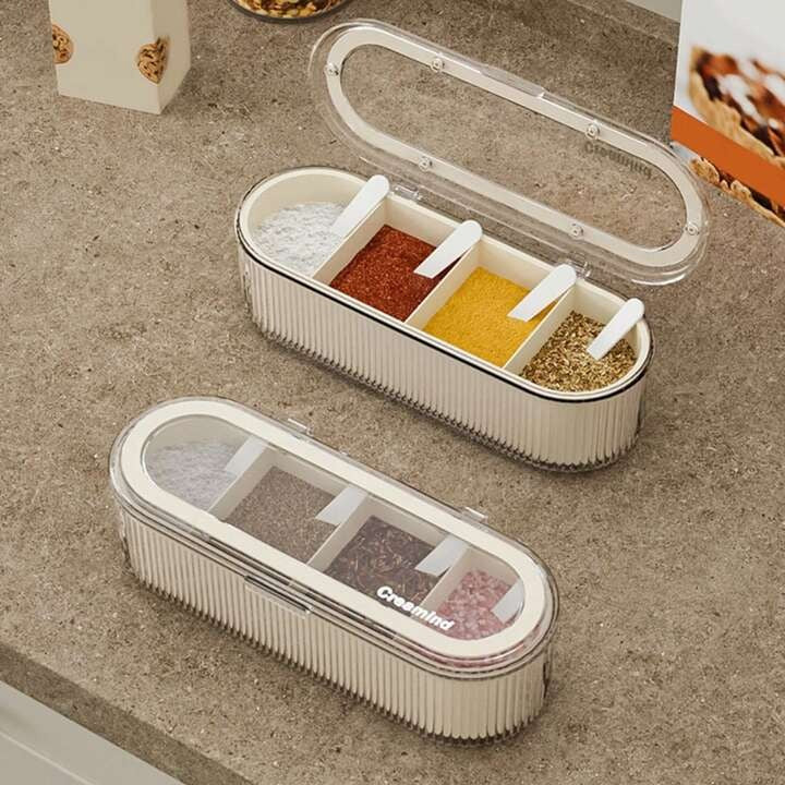 Multifunctional Transparent 4-Compartment Plastic Seasoning Box With Spoon