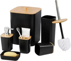 6 pcs washroom set with wooden lid plastic