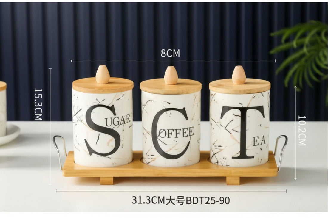 3-Piece Ceramic Canister Set with Tray – Modern Kitchen Elegance