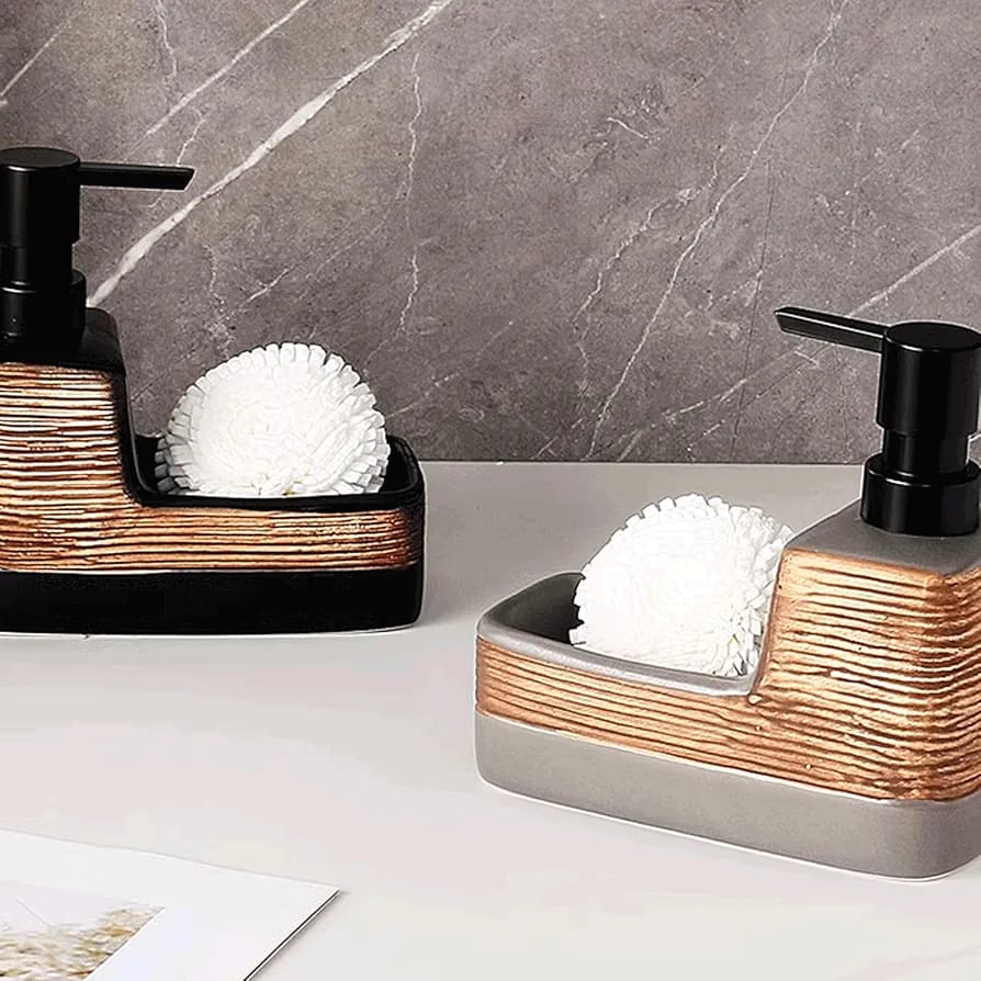Ceramic Manual Soap & Lotion Dispenser with Storage Caddy