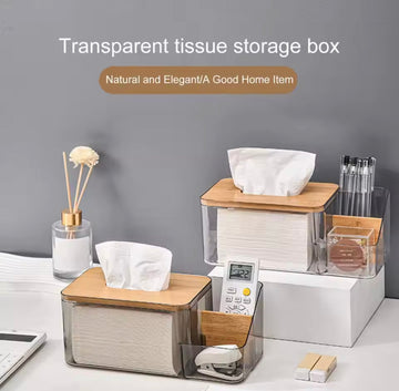 Modern Transparent Tissue Storage Box with Bamboo Lid – Multi-Purpose Organizer
