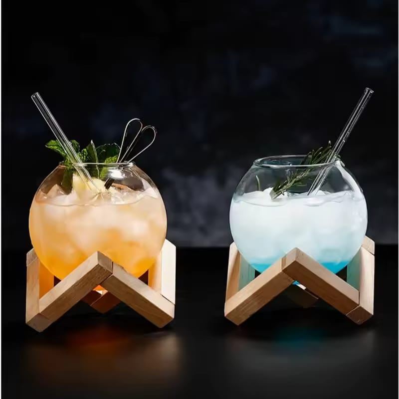 Creative Glass Moon Cup (Orb Shape) with Wooden Stand – 500ml