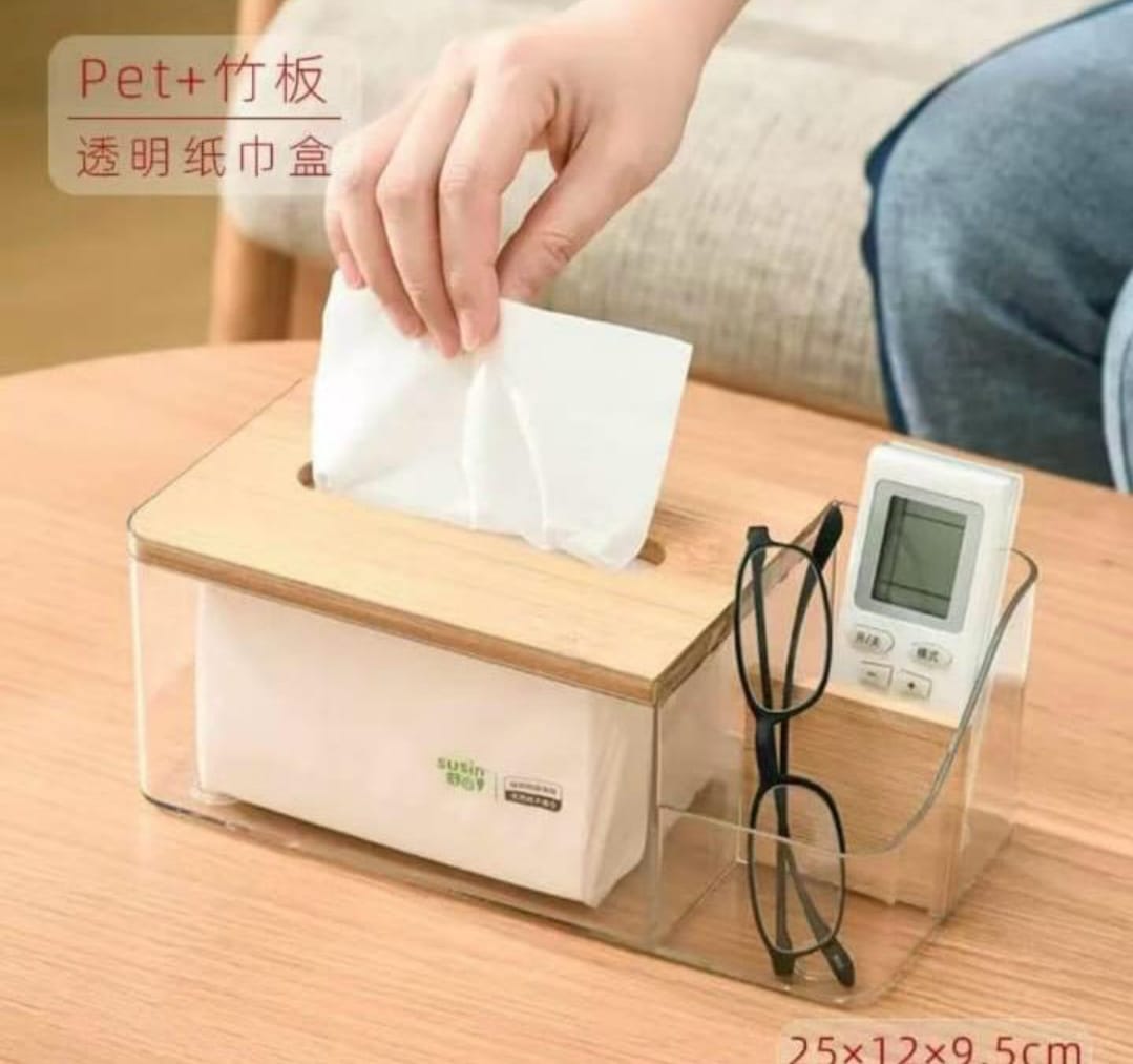 Modern Transparent Tissue Storage Box with Bamboo Lid – Multi-Purpose Organizer