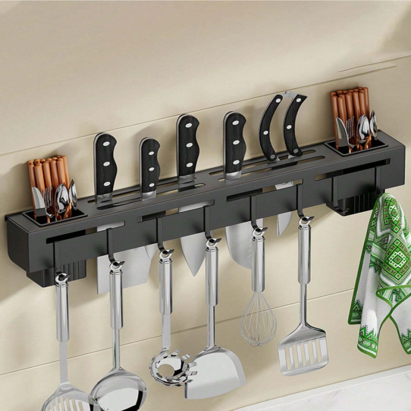 Multi-Purpose Stainless Steel Wall-Mounted Kitchen Shelf & Utensil Holder