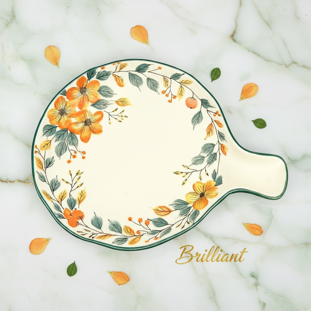 Brilliant Round Ceramic Baking Dish with Handle – Floral Design (1 Pc, 25×20×3 cm)