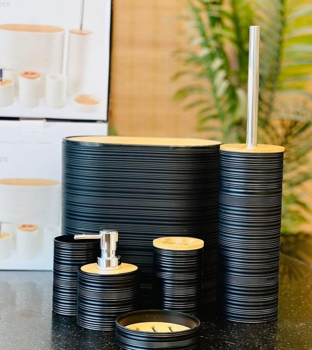 Modern 6-Piece Bathroom Accessories Set – Matte Black with Bamboo Lid